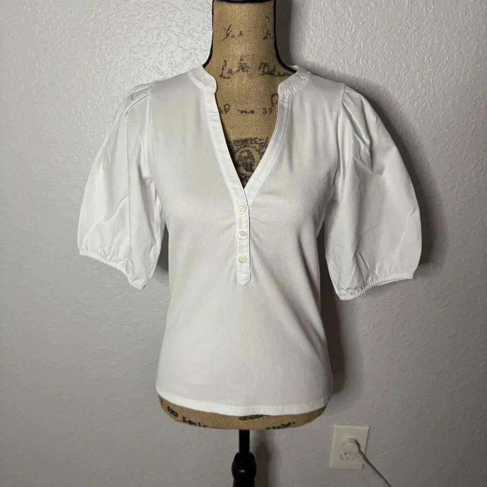 NWT J Crew Puff Sleeve Henley Knit Top White Size M V Neck Capsule Modal Preppy